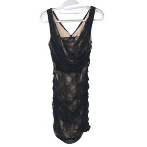 Express Dress‎ Womens 2 Black Lace Bodycon Ruched V Neck Knee Length